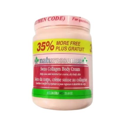 Jar of Nature's Essence Swiss Collagen Body Cream with a pink lid and a bright yellow '35% More Free' stripe on the label, green bottom band.