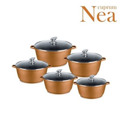 Five copper pots with glass lids from a five-piece cookware set displayed together in a kitchen image.