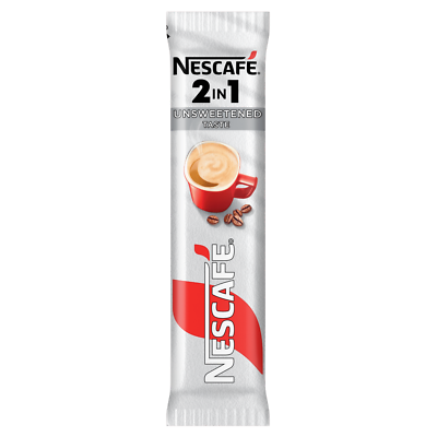 Single-serve NESCAFÉ 2in1 Unsweetened coffee stick package with a cup of coffee illustration.