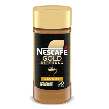 Nescafé Gold Espresso Blonde instant coffee bottle with a gold lid and black label, indicating 50 cups.