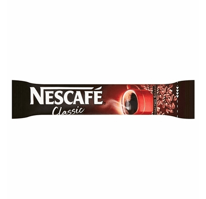 Nescafé Classic instant coffee sachet with white logo on a dark wrapper and a red accent window