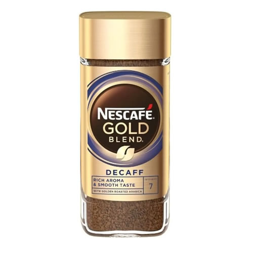 Nescafe Gold Blend 100g - Imavug NESCAFÉ Gold Blend Decaf instant coffee jar with a gold lid and label showing ground coffee inside