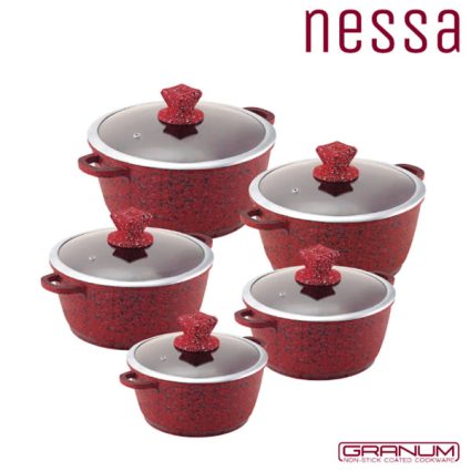 Five red speckled pots with glass lids arranged in a group, part of a non-stick cookware set.