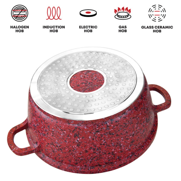 Nessan Granum Casserole Set 5-Piece 2 - Imavug Red speckled enamel stock pot with two side handles and a metal, hob-compatible base indicating compatibility with halogen, induction, electric, gas, and glass-ceramic stoves, used for cooking.