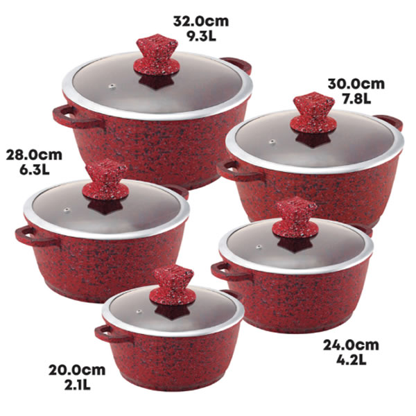 Nessan Granum Casserole Set 5-Piece 4 - Imavug Set of five red speckled pots with glass lids, each labeled with size and capacity (32 cm 9.3 L down to 20 cm 2.1 L).