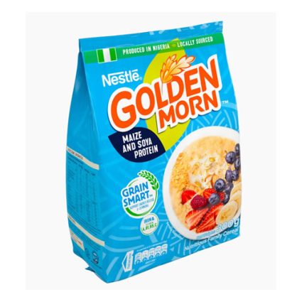 Blue bag of Nestlé Golden Morn cereal, maize and soya protein, with a bowl of cereal and berries on the front.