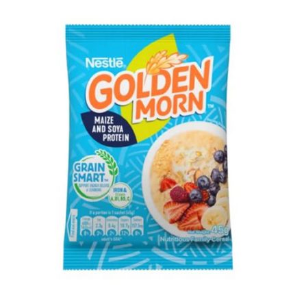 Packet of Nestlé Golden Morn maize and soya protein breakfast cereal with blue packaging, showing a bowl of cereal with berries on the right and the Golden Morn logo center-left.