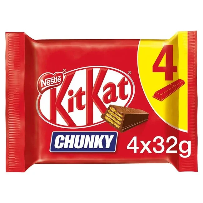 Nestlé KitKat Chocolate Wafer Bar Crispy Milk Chocolate Snack - Imavug Package of Nestlé KitKat Chunky chocolate bars, showing 4×32g portions in red wrapper.