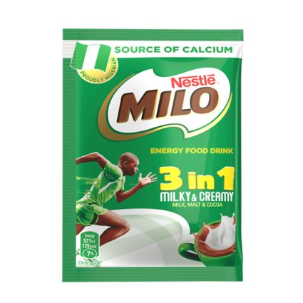 Nestlé Milo 3 in 1 energy drink sachet with green packaging, showing a running boy, a milk splash, and 'Source of calcium' on the front.