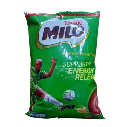 Green Milo energy drink powder bag with a soccer player kicking a ball; features the MILO logo and 'Supports energy release' text.