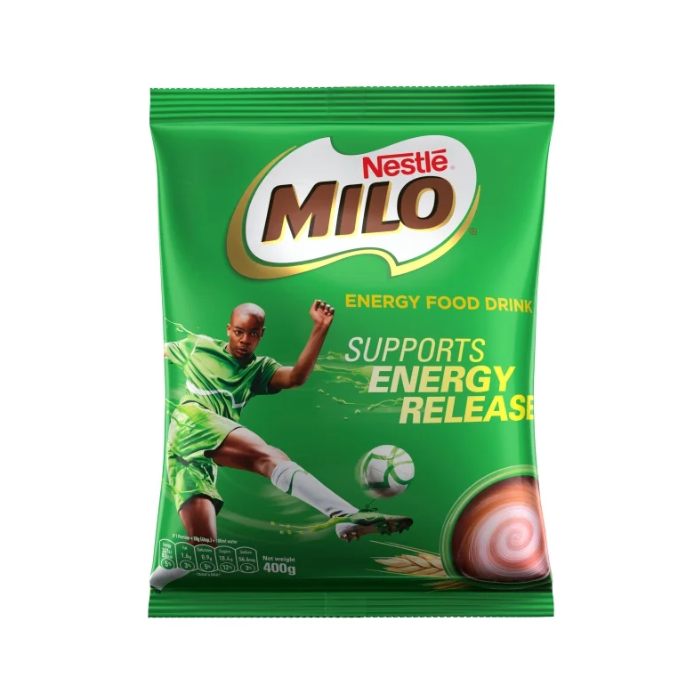 Nestlé Milo Refill Pack 400g - Imavug Nestlé Milo energy drink powder in green packaging with a soccer player kicking a ball, promoting energy release (400 g).
