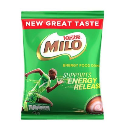 Nestlé Milo energy drink powder pouch with a sprinter and the slogan 'Supports energy release'. The green packaging shows 'New Great Taste' at the top and an athlete in motion.
