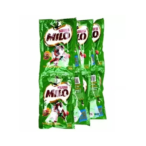 Nestlé Milo Sachet 14g - Imavug Three Nestlé Milo green packaging beverage powder bags clustered together.