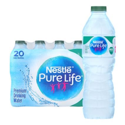 Nestlé Pure Life premium drinking water pack of 20 bottles with a single bottle in front.