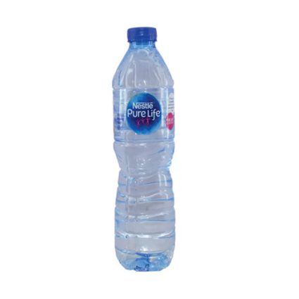 Plastic bottle of Nestlé Pure Life water with blue cap and blue label visible.
