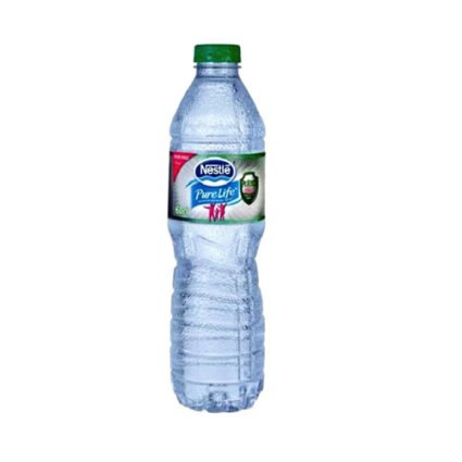 Plastic bottle of Nestlé Pure Life bottled water (500 ml) with a green cap and blue label.
