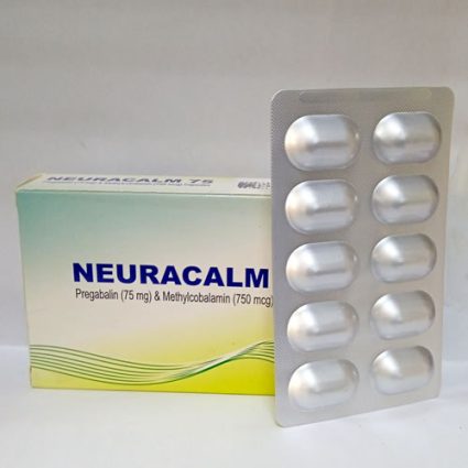 Neuracalm medicine box beside a blister pack of eight white oval tablets; label shows Pregabalin 75 mg and methylcobalamin 750 mcg.