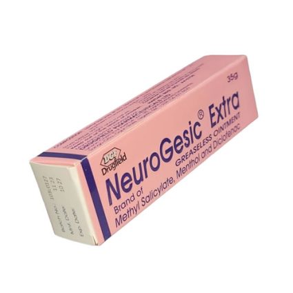 Pink box of NeuroGesic Extra greaseless ointment (35 g), showing the brand name and ingredient list (Menthol, Methyl Salicylate, and Diclofenac).