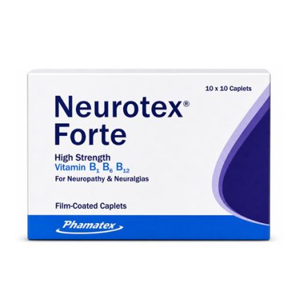 Box of Neurotex Forte film-coated caplets, a high-strength B vitamin supplement for neuropathy, branded Phamatex (10 x 10 caplets).