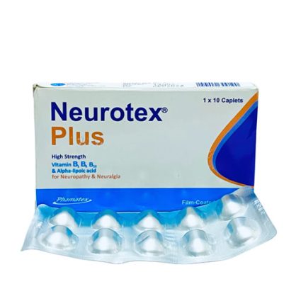 Neurotex Plus box with a blister pack of white capsules in front; vitamin B complex supplement for neuropathy and neuralgia.