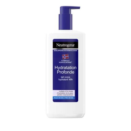 White pump bottle of Neutrogena Hydratation Profonde moisturizing body lotion with a blue label and dispenser button.