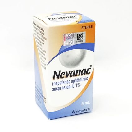 Nevanac ophthalmic suspension box with '5 mL' and Sterile label. Contains nepafenac 0.1% eye drops, by Novartis.