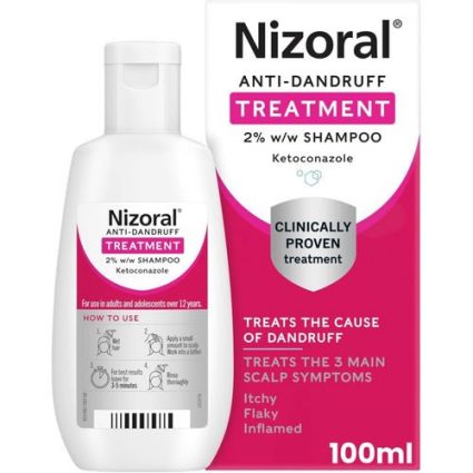 Nizoral Anti-Dandruff Treatment shampoo bottle and box showing 2% w/w Ketoconazole, 100 ml