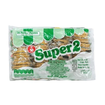 Pack of Super 2 lemon cookies in a clear bag, showing green branding and 24-pack label with cookies visible inside.