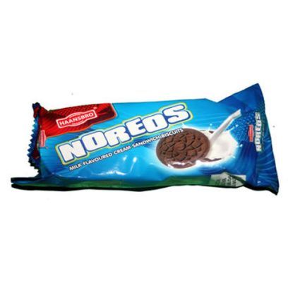 Blue package of NOREOS milk-flavoured cream sandwich biscuits, showing a chocolate cookie and splash of milk on the wrapper.