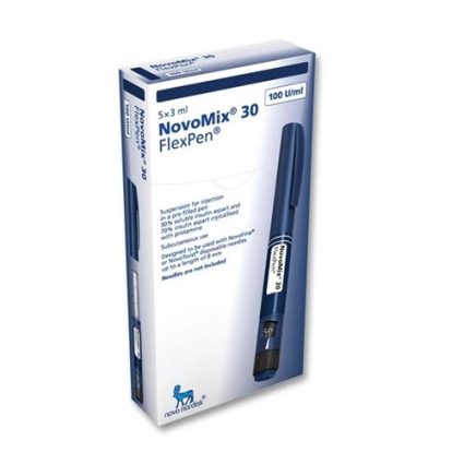 NovoMix 30 FlexPen insulin pen box with a blue insulin pen visible