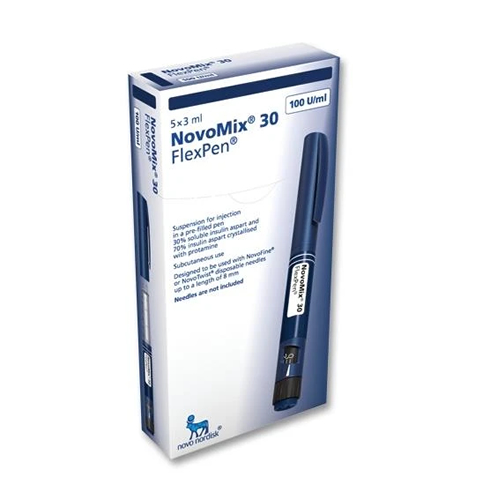 NovoMix 30 FlexPen 100 U-mL Prefilled Insulin Pen Single - Imavug NovoMix 30 FlexPen insulin pen box with a blue insulin pen visible