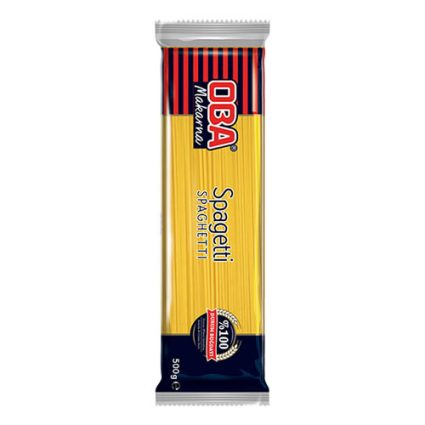 Front of an OBA pasta package for spaghetti, 500 g, with a yellow label, blue bottom, and red/blue striped top.
