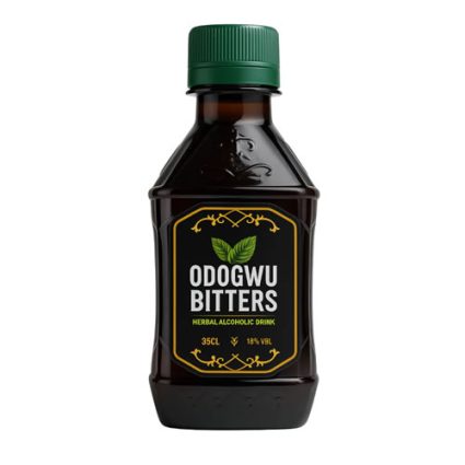 Dark glass bottle with a green cap containing Odogwu Bitters herbal alcoholic drink; label shows brand name and 35cl, 18% ABV