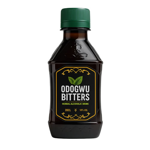 Odogwu Bitters Herbal Alcoholic Drink 200ml PET Bottle - Imavug Dark glass bottle with a green cap containing Odogwu Bitters herbal alcoholic drink; label shows brand name and 35cl, 18% ABV