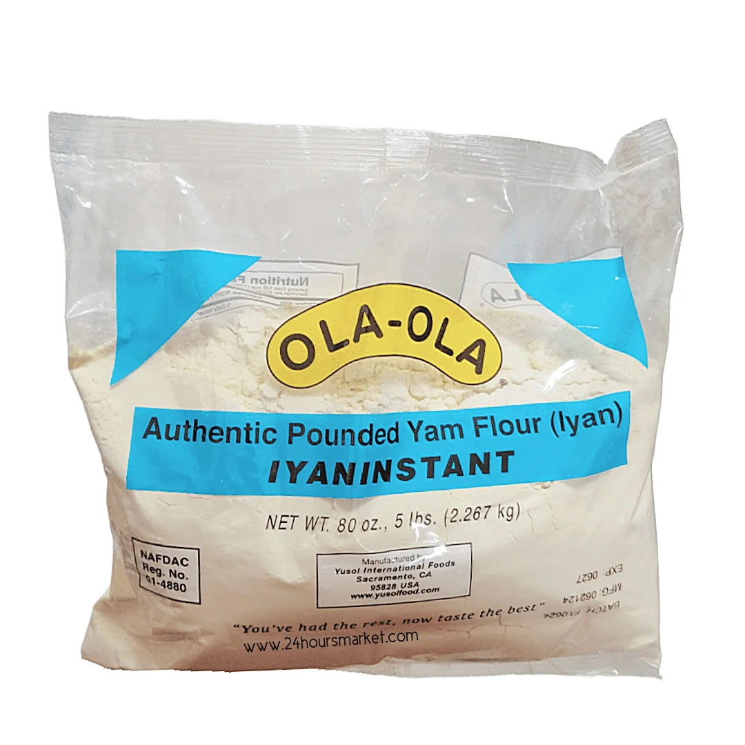 Ola-Ola Authentic Pounded Yam Flour 2267kg Pack 5lbs - Imavug Plastic bag labeled OLA-OLA authentic pounded yam flour (Iyani/iyan) instant mix, 80 oz (5 lb)