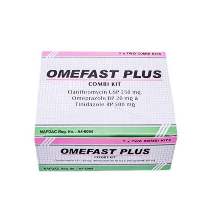Box labeled OMEFAST PLUS Combi Kit, listing Clarithromycin 250 mg, Omeprazole 20 mg, Tinidazole 500 mg (two kits).