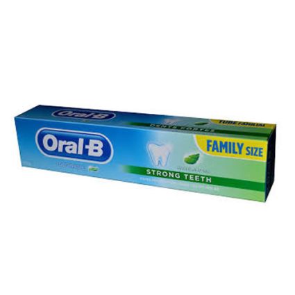 Oral-B toothpaste box, family size, strong teeth formula, blue and green packaging