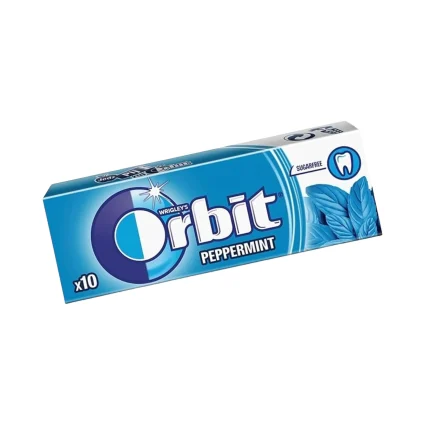 Blue Orbit gum box angled diagonally, peppermint flavor, sugarfree, containing 10 sticks