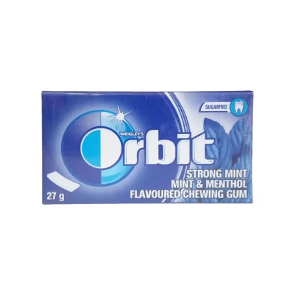 Blue Orbit gum pack labeled 'Strong Mint' mint & menthol flavoured chewing gum, 27 g, Sugarfree detail visible.