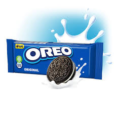 Blue Oreo Original package with a chocolate sandwich cookie dipped in milk, surrounded by a splash of milk.