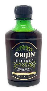 Orijin Bitters bottle with green neck and dark liquid; label reads 'Orijin Bitters Spirit Drink' with decorative gold/white accents.