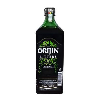 Orijin Bitters bottle with dark label, green glass neck, and white text reading ORIJIN BITTERS