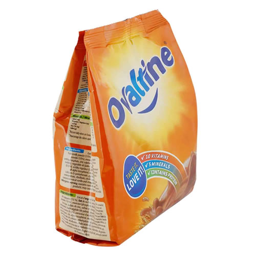 Ovaltine Malt Chocolate Drink Powder Refill 350g - Imavug Orange Ovaltine drink-mix bag with a blue Ovaltine logo and nutrition panel visible on the side