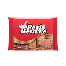 Red package of Petit Beurre butter biscuits with biscuits pictured on the front image. "Petit Beurre" logo visible on the wrapper.