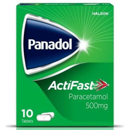 Panadol ActiFast paracetamol 500 mg box, green design, 10 tablets with capsule graphic on lower left
