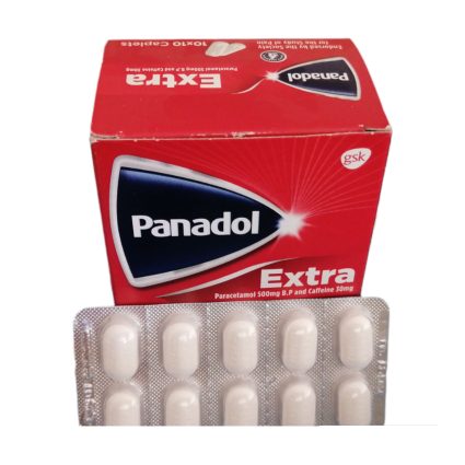 Panadol Extra red box with white oval tablets in blister pack laid in front; paracetamol and caffeine medicine