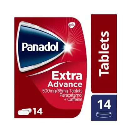 Panadol Extra Advance tablet box (14 tablets) with paracetamol + caffeine, 500mg/65mg per tablet.
