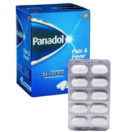 Box of Panadol Pain & Fever pain reliever with a blister pack of white tablets beside it, indicating over-the-counter medicine for pain relief and fever reduction.