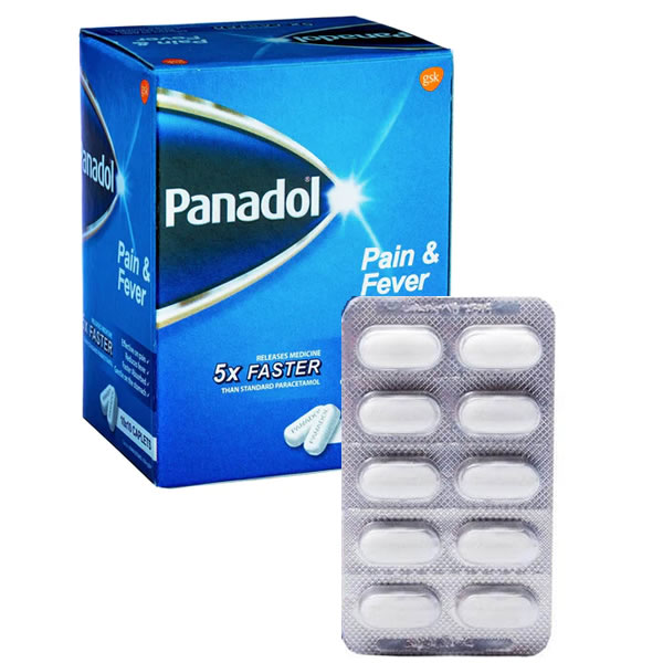Panadol Pain Fever 500mg Tablets Fast-Acting Paracetamol Relief - Imavug Box of Panadol Pain & Fever pain reliever with a blister pack of white tablets beside it, indicating over-the-counter medicine for pain relief and fever reduction.