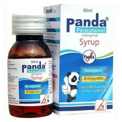 Panda Paracetamol syrup bottle and matching box showing 60 ml, analgesic and antipyretic labels with a panda logo.